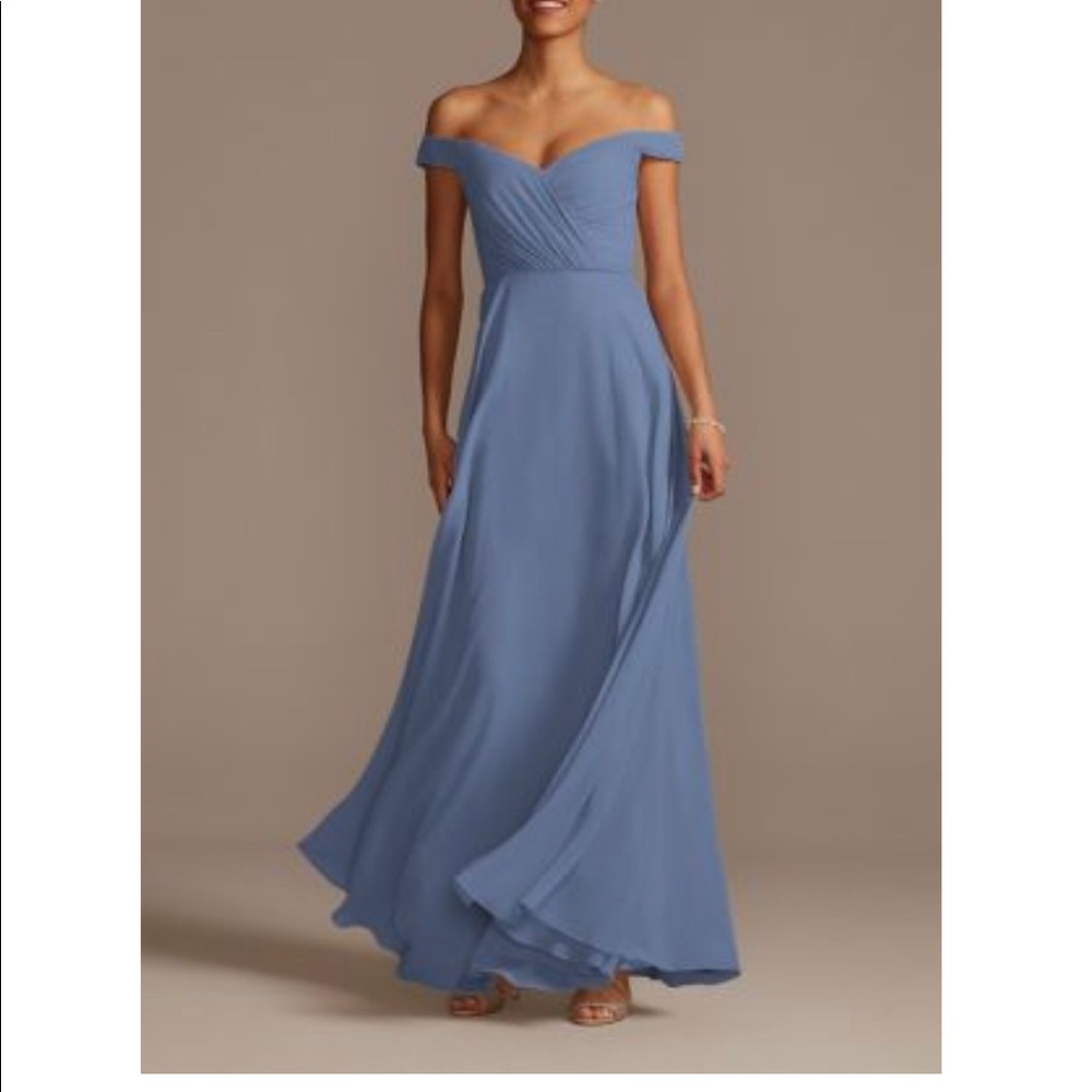 Davids bridal off the shoulder steel blue dress